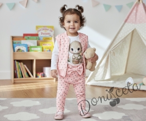 Бебешки или детски комплект от 3 части – блузка с дълъг ръкав в бяло с къдрички, панталон в розово на бели точки с панделка на ластика и елек