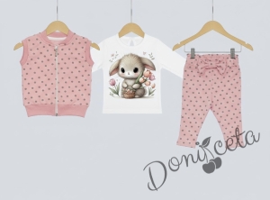 Бебешки или детски комплект от 3 части – блузка с дълъг ръкав в бяло с къдрички, панталон в розово на бели точки с панделка на ластика и елек