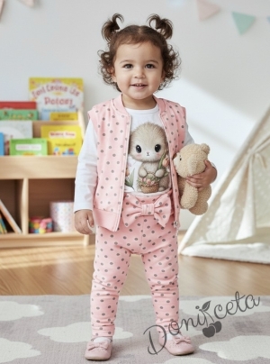 Бебешки или детски комплект от 3 части – блузка с дълъг ръкав в бяло с къдрички, панталон в розово на бели точки с панделка на ластика и елек