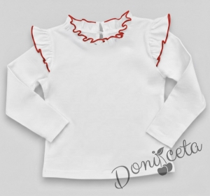 Комплект за момиче от 3 части-пола клош от трико Роси в червено, блуза с дълъг ръкав с къдрички в бяло обкрайчени с червено iи чорапки