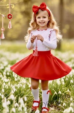 Комплект за момиче от 3 части-пола клош от трико Роси в червено, блуза с дълъг ръкав с къдрички в бяло обкрайчени с червено iи чорапки