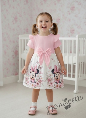 Детска рокля в розово с къс ръкав, къдричка и панделка и с картинка 