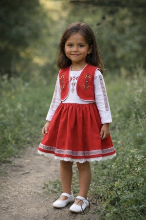 Комплект от детска рокля в червено с фолклорни и етно мотиви с ръкав и елек