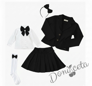 Комплект от 6 части пола Гери, сако в черно, ризка в бяло с дълъг ръкав, чорапи с панделка в черно, диадема iи панделка за ризка