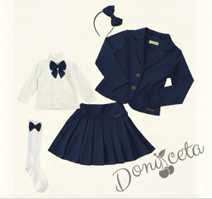 Комплект от 6 части пола Гери, сако в тъмносиньо, ризка в бяло с дълъг ръкав, чорапи с панделка в тъмносиньо, диадема iи панделка за ризка