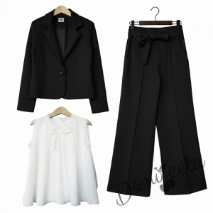 Комплект за момиче от 3 части - сако Ким, разкроен панталон с висока талия и коланче в черно и блуза без ръкав с панделка