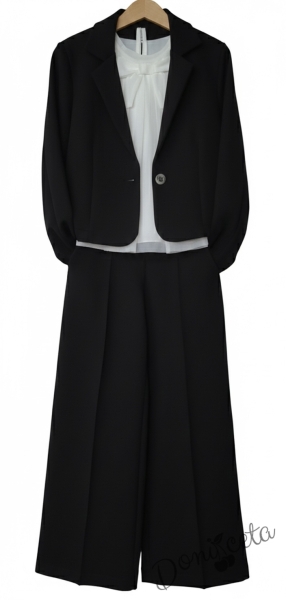 Комплект за момиче от 3 части - сако Ким, разкроен панталон с висока талия и коланче в черно и блуза без ръкав с панделка