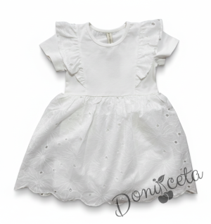 Детска официална или ежедневна рокля с къс ръкав в екрю с къдрички на рамената