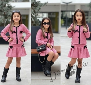 Комплект за момиче от 2 части - Сако в розово с панделки и плисирана пола 