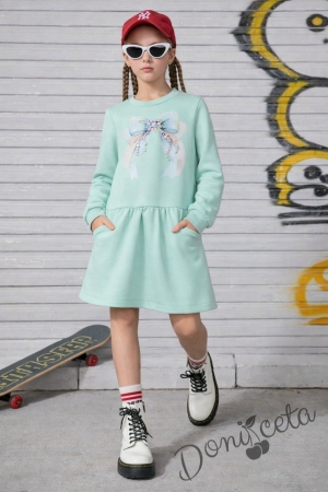 Детска спортна рокля с дълъг ръкав в тюркоаз с джобчета