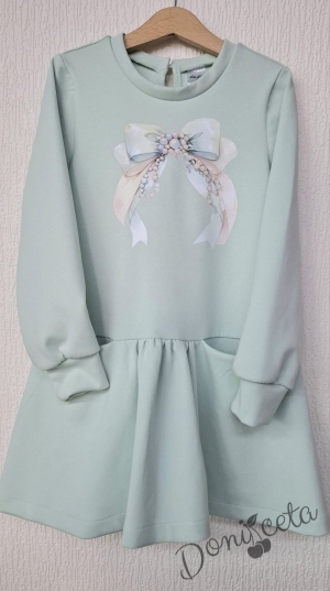 Детска спортна рокля с дълъг ръкав в тюркоаз с джобчета