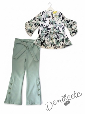 Стилен комплект за момиче от 3 части-панталон в тюркоаз, риза с цветя и аксесоар