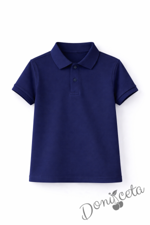 Детска тениска с яка в тъмносиньо, подходяща за момче или момиче и за ученическа униформа 