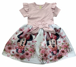 Детска рокля в розово с къс ръкав, къдричка и панделка и с картинка Мини Маус