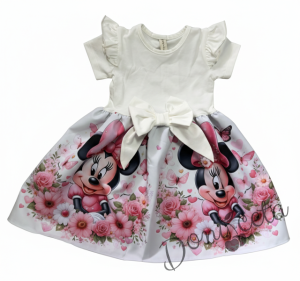 Детска рокля в екрю с къс ръкав, къдричка и панделка и с картинка 