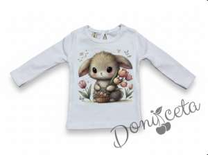 Бебешки или детски комплект от 3 части – блузка с дълъг ръкав в бяло с къдрички, панталон в розово на бели точки с панделка на ластика и елек