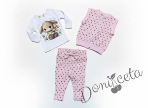 Бебешки или детски комплект от 3 части – блузка с дълъг ръкав в бяло с къдрички, панталон в розово на бели точки с панделка на ластика и елек