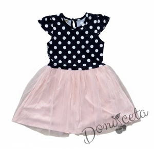 Детска рокля с къс ръкав на точки и тюл в прасковено