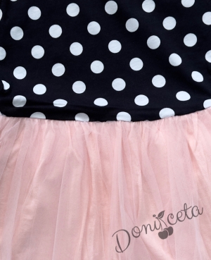 Детска рокля с къс ръкав на точки и тюл в прасковено
