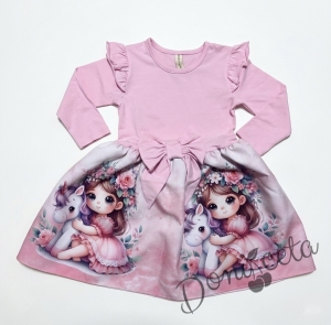 Детска рокля с дълъг ръкав в розово с къдрички, панделка и картинка на момиченце с еднорог