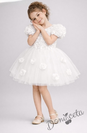 Официална детска рокля Розана с къс ръкав с 3D рози и богат тюл в бяло от колекция Снежина