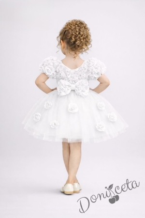 Официална детска рокля Розана с къс ръкав с 3D рози и богат тюл в бяло от колекция Снежина