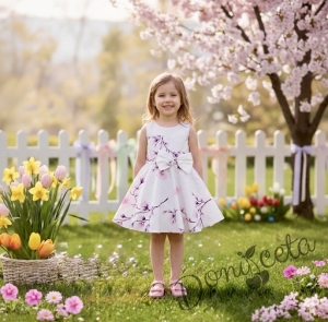 Детска или бебешка рокля клош в бяло на нежни лилави орхидеи тип клош Рали