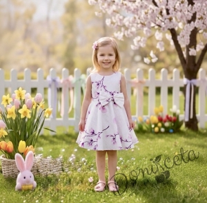 Детска или бебешка рокля клош в бяло на нежни лилави орхидеи тип клош Рали