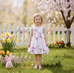 Детска или бебешка рокля клош в бяло на нежни лилави орхидеи тип клош Рали