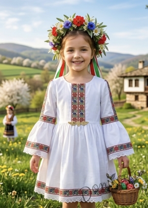 Детска етно рокля тип носия с ръкав до лакътя в бяло с шевица и фолклорни мотиви