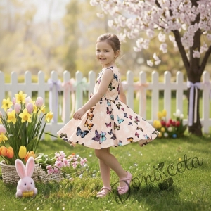 Детска рокля клош в прасковено с пеперуди 