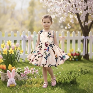 Детска рокля клош в прасковено с пеперуди 