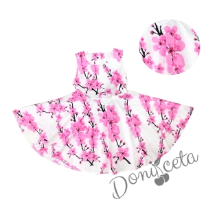 Детска рокля в бяло на нежни цветя в розово тип клош  1