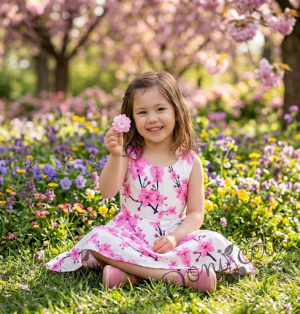 Детска памучна рокля в бяло на нежни орхидеи в розово тип клош 