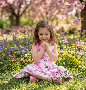 Детска памучна рокля в бяло на нежни орхидеи в розово тип клош 