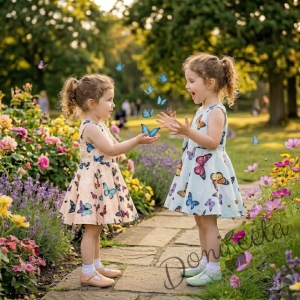 Детска рокля клош в тюркоаз с пеперуди 