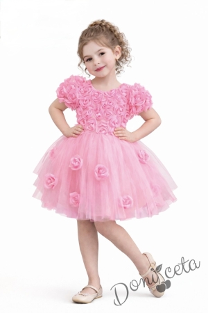 Официална детска рокля Розана с къс ръкав с 3D рози и богат тюл в розово