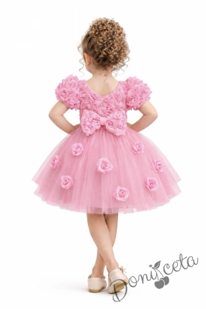 Официална детска рокля Розана с къс ръкав с 3D рози и богат тюл в розово