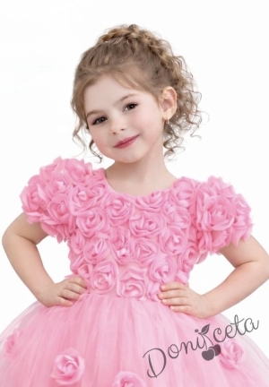 Официална детска рокля Розана с къс ръкав с 3D рози и богат тюл в розово