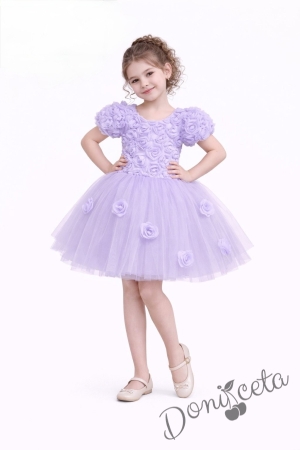 Официална детска рокля Розана с къс ръкав с 3D рози и богат тюл в лилаво
