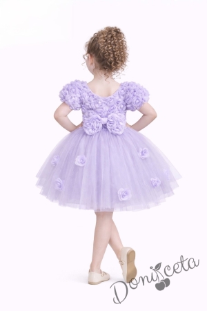 Официална детска рокля Розана с къс ръкав с 3D рози и богат тюл в лилаво