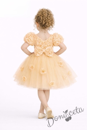 Официална детска рокля Розана с къс ръкав с 3D рози и богат тюл в жълто