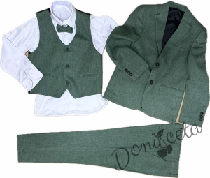 Официален детски костюм за момче от 5 части в зелено - сако, панталон, риза, елек с един ред копчета и папийонка2