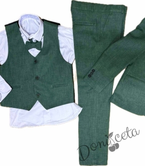 Официален детски костюм за момче от 5 части в зелено - сако, панталон, риза, елек с един ред копчета и папийонка3