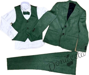 Официален детски костюм за момче от 5 части в зелено - сако, панталон, риза, елек с един ред копчета и папийонка5