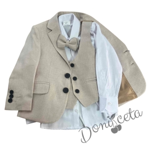 Официален бебешки или детски елегантен костюм за момче от 5 части със сако в бежово с папийонка  от колекция Бежина