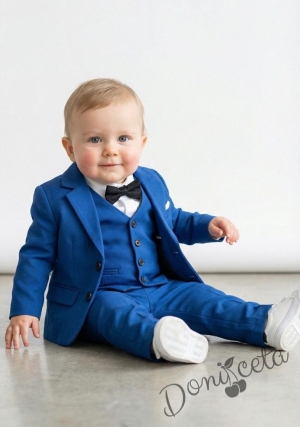Официален бебешки или детски костюм за момче от 5 части в синьо - сако, панталон, риза, елек с един ред копчета и папийонка от колекция Кралина