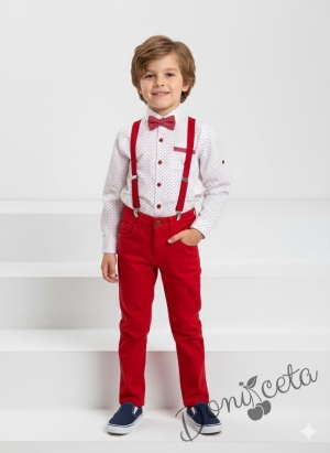 Комплект за момче от 4 части -риза в бяло с орнаменти в червено, панталони, тиранти и папийонка в червено от колекция Червеника