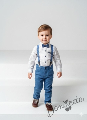 Комплект за момче от 4 части - риза в бяло с орнаменти в синьо, панталони, тиранти и папийонка в синьо