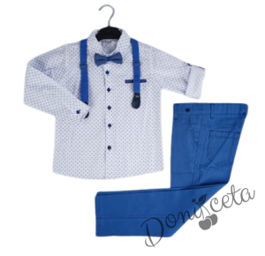 Комплект за момче от 4 части - риза в бяло с орнаменти в синьо, панталони, тиранти и папийонка в синьо